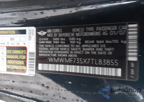 2007 Mini Cooper S из США, поврежденный, VIN WMWMF735X7TL83855